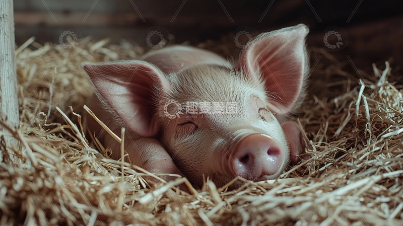 高清大图下载【趣麦麦图】小猪在稻草窝里睡觉