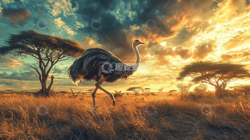 高清大图下载【趣麦麦图】非洲草原日落鸵鸟