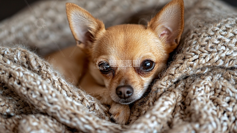 高清大图下载【趣麦麦图】可爱吉娃娃裹着毛毯