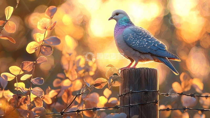高清大图下载【趣麦麦图】夕阳下蓝灰鸽子栖息木桩