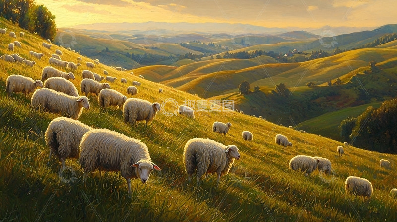 高清大图下载【趣麦麦图】金色夕阳下绵羊群在山坡上吃草
