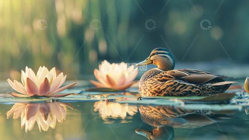 高清大图下载【趣麦麦图】水面鸳鸯荷花倒影