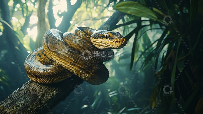 高清大图下载【趣麦麦图】树枝上盘踞的蟒蛇