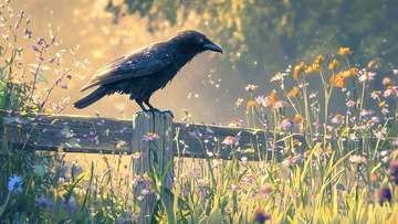 乌鸦栖息在篱笆上