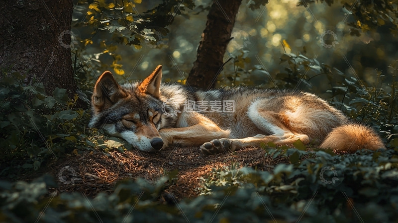 高清大图下载【趣麦麦图】森林中休息的红狼