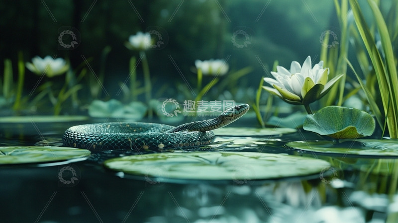 高清大图下载【趣麦麦图】水蛇在睡莲叶上