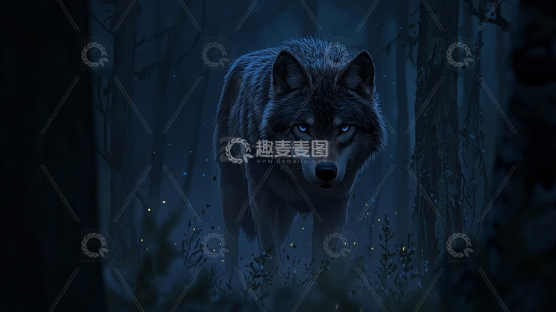 高清大图下载【趣麦麦图】黑暗森林中灰狼
