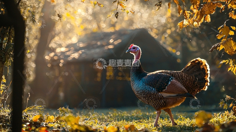 高清大图下载【趣麦麦图】秋日清晨乡间小屋的火鸡