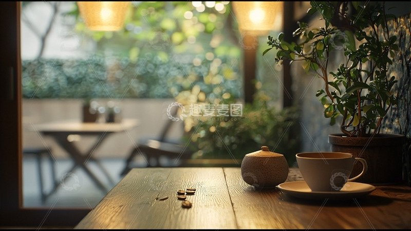 高清大图下载【趣麦麦图】木桌上的咖啡杯和绿植