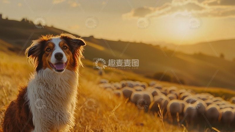 高清大图下载【趣麦麦图】日落牧羊犬看护羊群