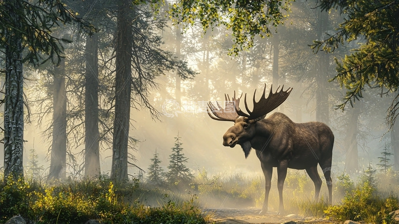 高清大图下载【趣麦麦图】雾中森林里的驼鹿