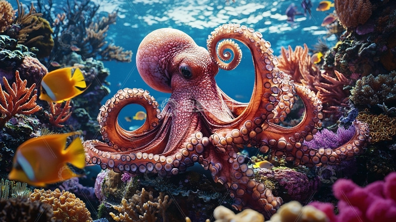 高清大图下载【趣麦麦图】珊瑚礁中的章鱼