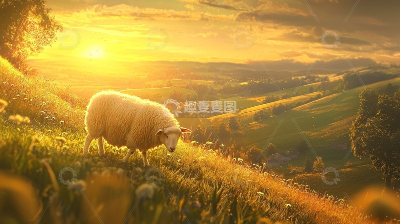 高清大图下载【趣麦麦图】夕阳下吃草的绵羊