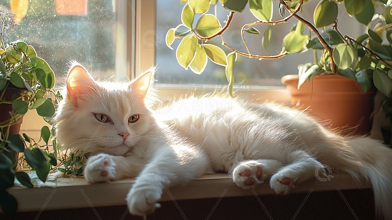 高清大图下载【趣麦麦图】阳光下窗台上的白色猫咪