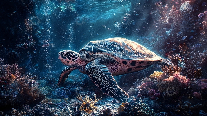 高清大图下载【趣麦麦图】海龟在珊瑚礁中