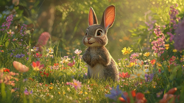 可爱的小兔子在花丛中