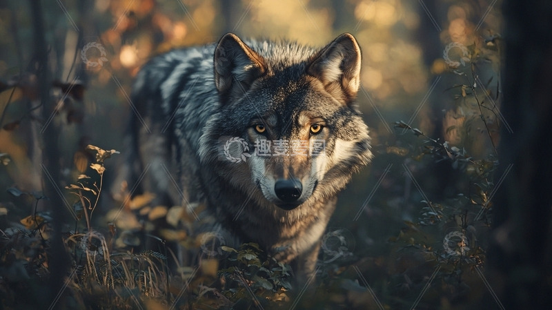 高清大图下载【趣麦麦图】森林中凝视的灰狼