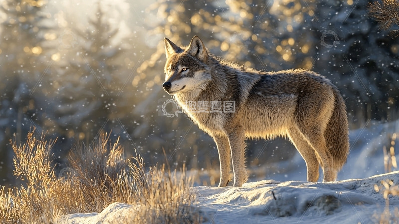 高清大图下载【趣麦麦图】冬日阳光下的灰狼