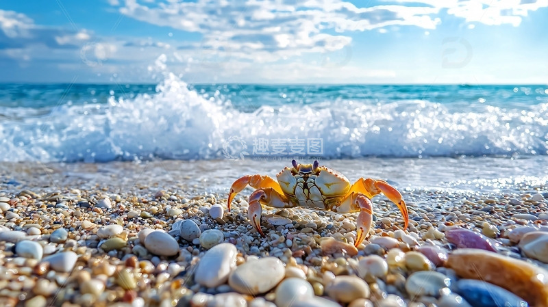 高清大图下载【趣麦麦图】沙滩上挥舞着蟹钳的小螃蟹