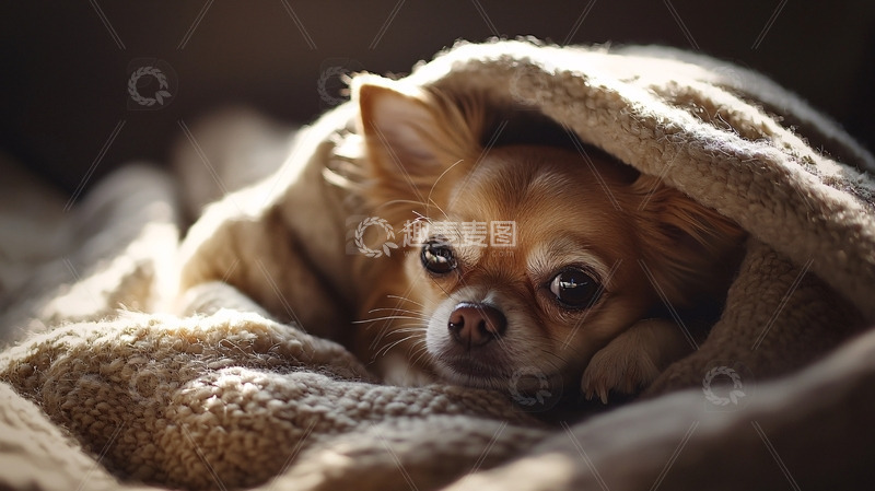 高清大图下载【趣麦麦图】可爱狗狗裹着毛毯