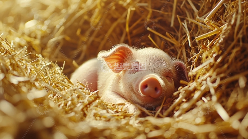 高清大图下载【趣麦麦图】小猪在稻草堆里睡觉