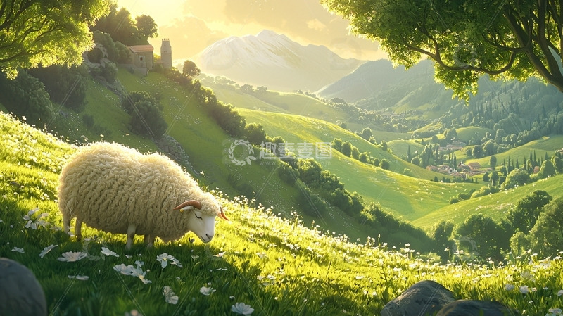 高清大图下载【趣麦麦图】阳光下的绵羊和山谷