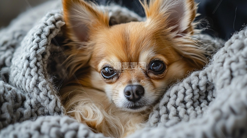 高清大图下载【趣麦麦图】毛茸茸的小狗裹着毛毯