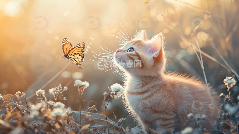 高清大图下载【趣麦麦图】小猫凝视蝴蝶日出