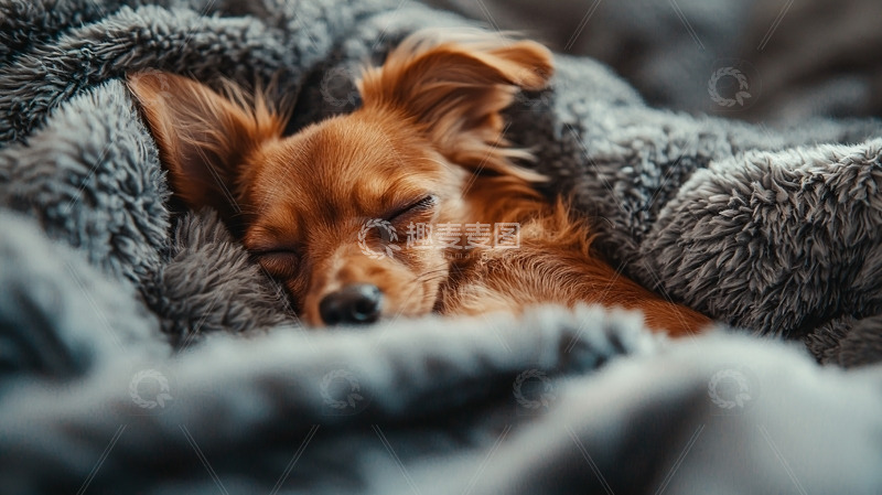 高清大图下载【趣麦麦图】小狗裹着毛毯睡觉
