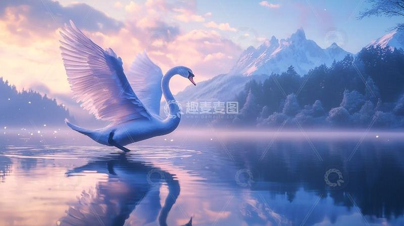 高清大图下载【趣麦麦图】唯美雪山湖泊白天鹅