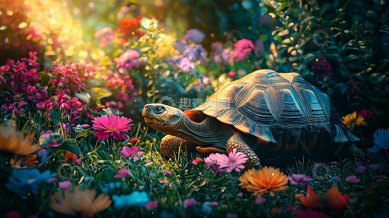高清大图下载【趣麦麦图】乌龟在鲜花盛开的仙境