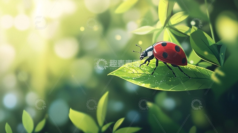 高清大图下载【趣麦麦图】阳光下绿叶上的瓢虫