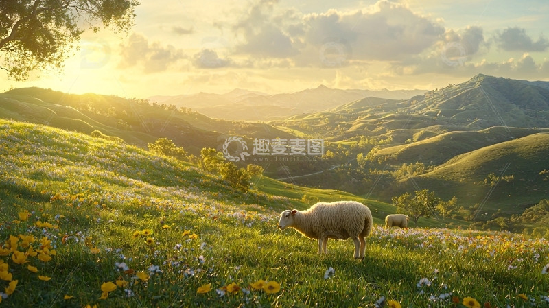 高清大图下载【趣麦麦图】阳光下山坡上的绵羊