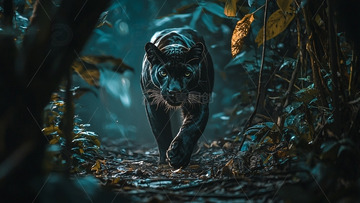 黑豹在黑暗森林中行走