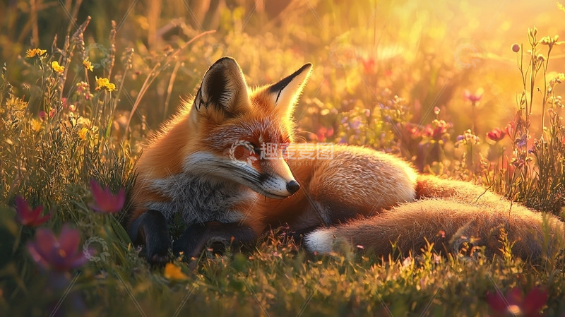 高清大图下载【趣麦麦图】夕阳下红狐在花丛中休息