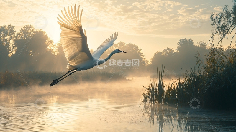 高清大图下载【趣麦麦图】清晨白鹭低空飞行