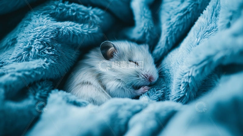 高清大图下载【趣麦麦图】可爱仓鼠宝宝熟睡蓝毛毯