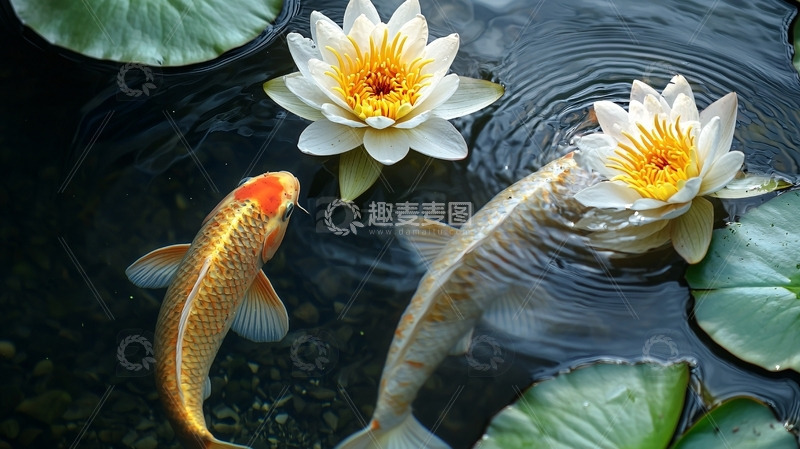 高清大图下载【趣麦麦图】水中锦鲤和睡莲