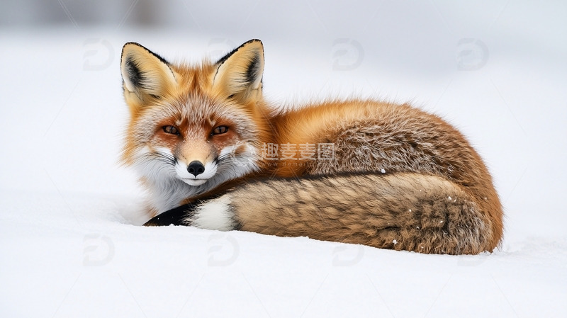 高清大图下载【趣麦麦图】雪地里蜷缩着的红狐狸