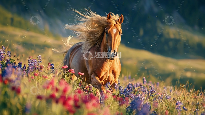 高清大图下载【趣麦麦图】花海中奔腾的金色骏马