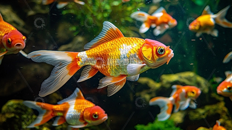 高清大图下载【趣麦麦图】一群金鱼在水族箱里游动