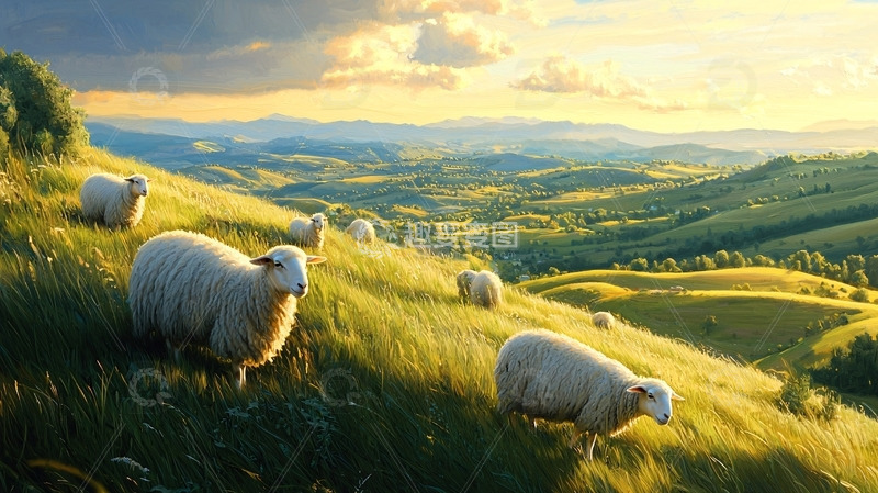 高清大图下载【趣麦麦图】夕阳下山坡上的绵羊群