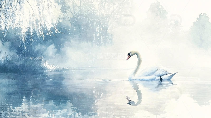 高清大图下载【趣麦麦图】雾中优雅的白天鹅
