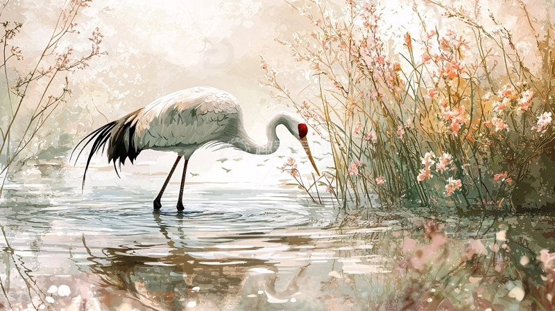 高清大图下载【趣麦麦图】仙鹤觅食水边图