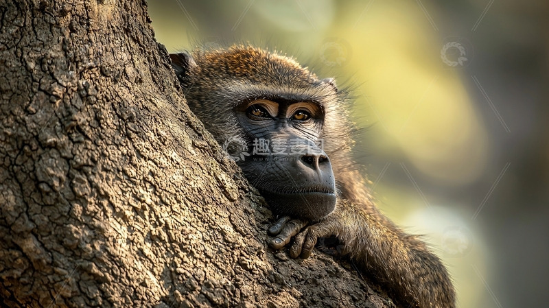 高清大图下载【趣麦麦图】狒狒靠着树干沉思