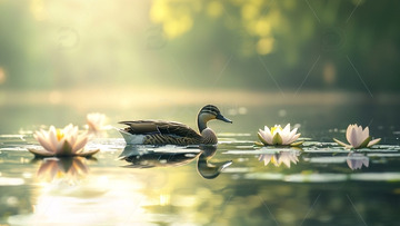 清晨湖面野鸭与睡莲