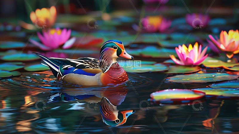 高清大图下载【趣麦麦图】彩色鸳鸯戏水荷花