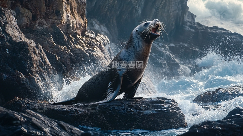 高清大图下载【趣麦麦图】海豹岩石峭壁浪花
