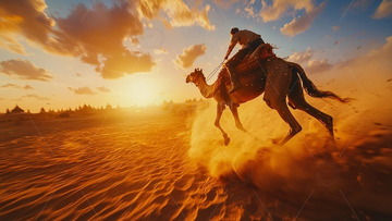 落日余晖下的骑骆驼人