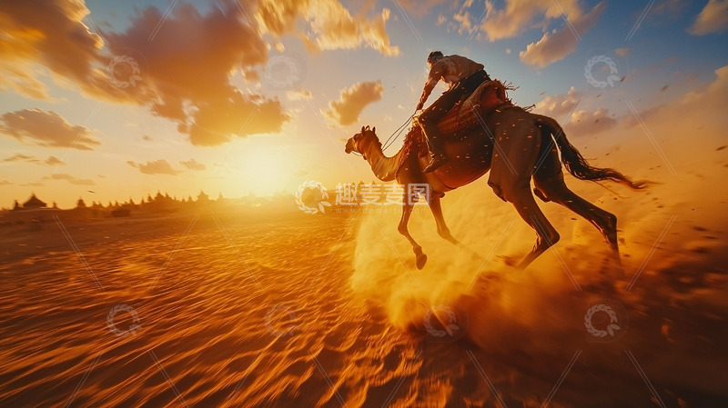 高清大图下载【趣麦麦图】落日余晖下的骑骆驼人